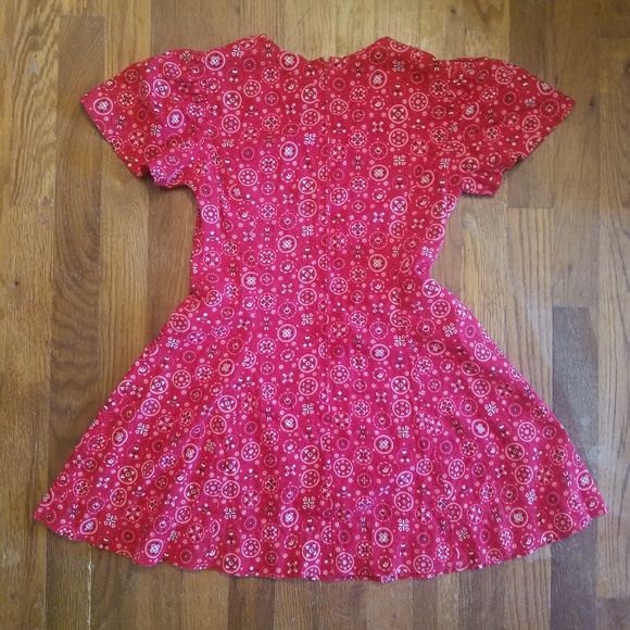 Vintage 70s Handmade Kids Red Bandana Fit & Flair Dress Zip Back Cap Sleeves. - Picture 8 of 10
